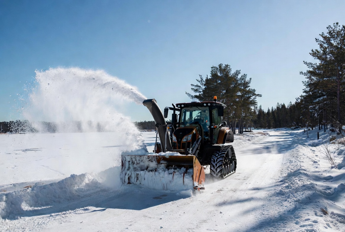 130hp tractor snowblower clearing deep snow on frozen lakeside property