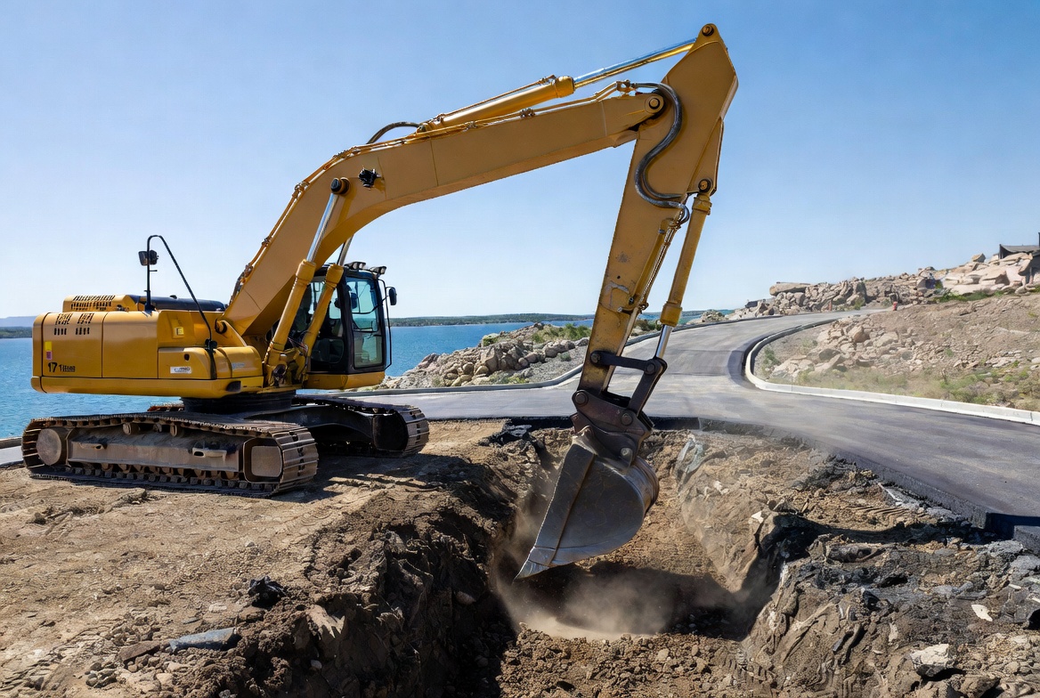 Excavator digging for culvert installation
